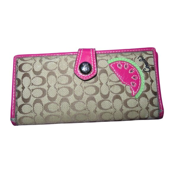 Coach vintage watermelon khaki Jacquard canvas & leather wristlet & wallet - Picture 8 of 14